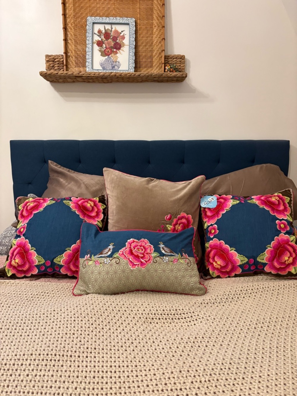Anthropologie pip studio Floral Embroidered Blue and Pink Pillow Set-cases only